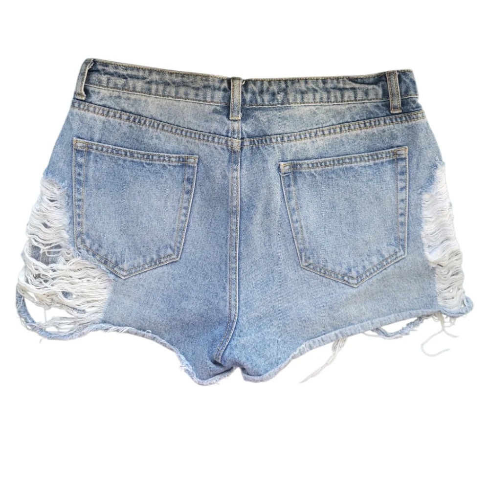 Brooklyn Karma High Rise Shorty Distressed Denim Shorts L Festival Cutoff